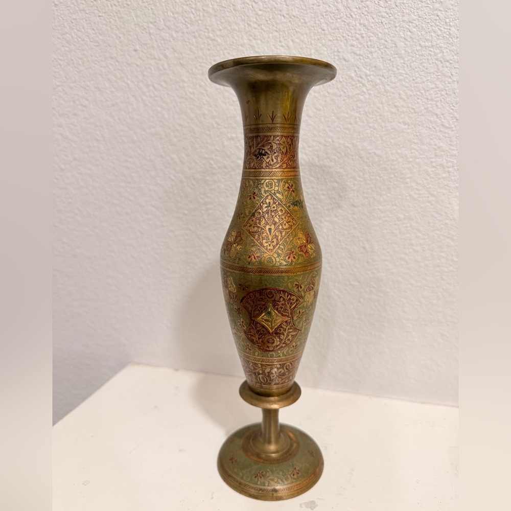 Vintage Brass Enamel Vase | Etched Floral‎ Cloisonné Style Boho Decor